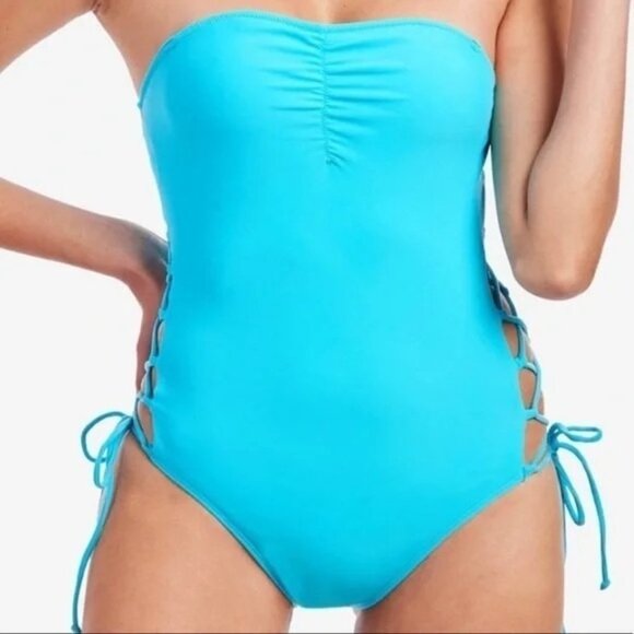 NEW RACHEL ROY Women's Aqua Stretch Side Lace-Up Sweetheart Moderate Coverage On - Picture 7 of 10